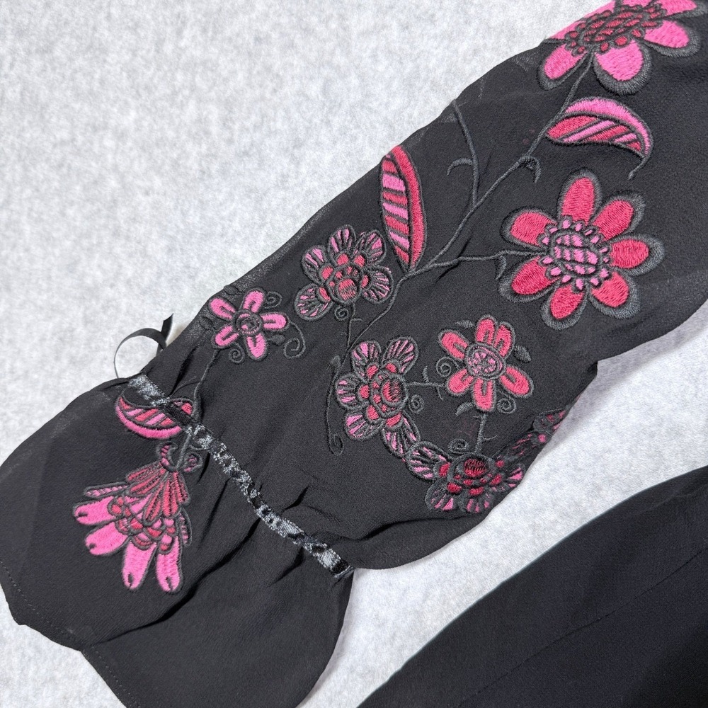 For Love & Lemons Blouse Women L Black Good Floral Embroidered Boho Ribbon Tie - Picture 6 of 14